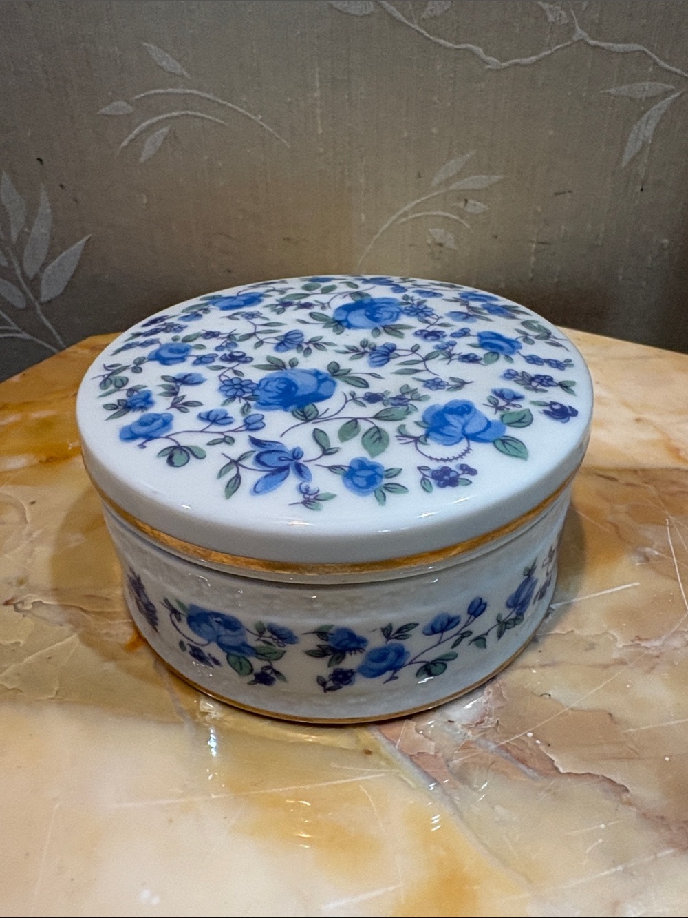 Porcelain Floral Trinket Box with Blue Rose Pattern